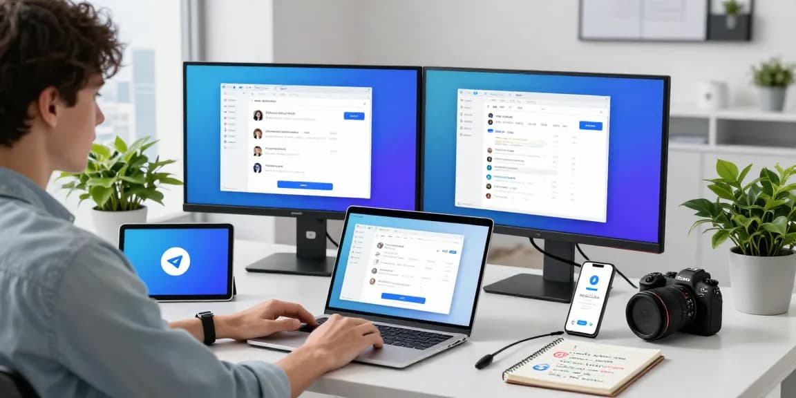 Engaging with the telegram中文版 app on a sleek laptop in a modern workspace setting.