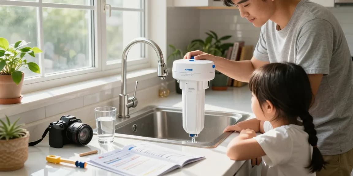 Family installing Overbest 10 x 4.5 Whole House Water Filter Replacement for 3M® Aqua-Pure® AP810 in a bright kitchen.