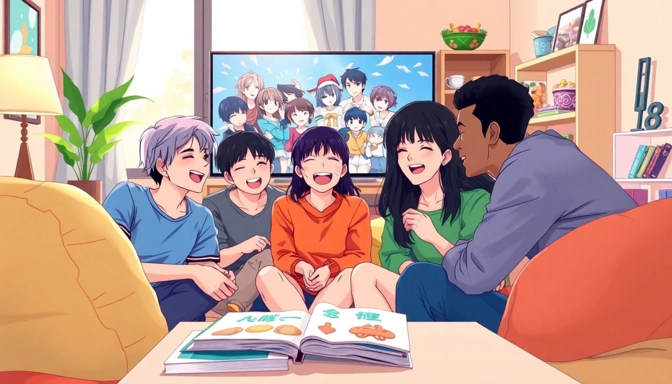 Watch anime series online with friends in a cozy living room setting.