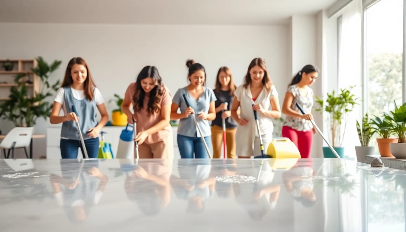 Efficient cleaning services near me showcasing a team in action in a bright home environment.