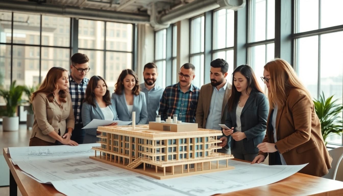 Collaborative team providing construction design services in an urban office setting