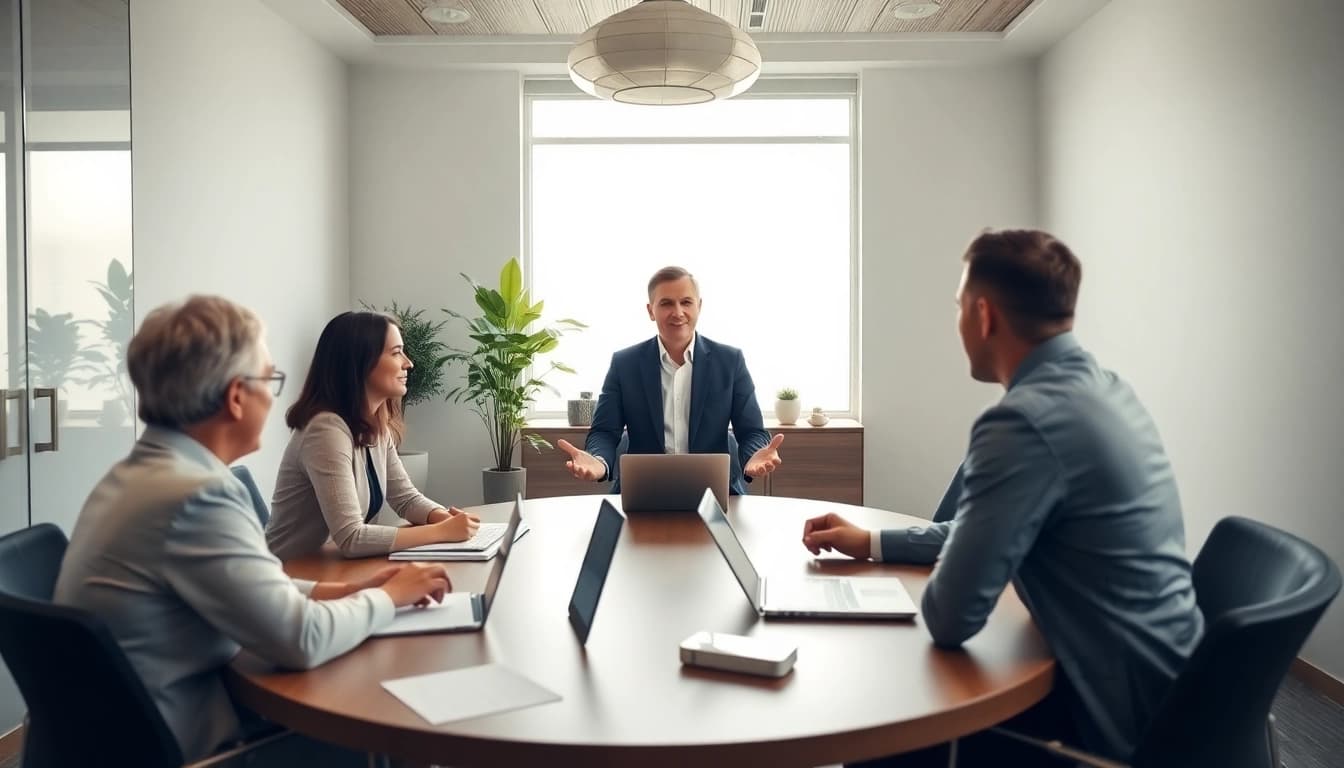 Mediation session in a modern setting with a mediator guiding conversation.