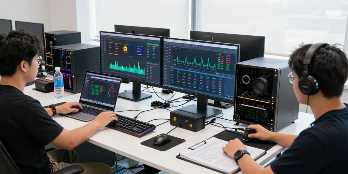 bitcoin mining company setup with advanced technology and monitoring tools in a professional workspace