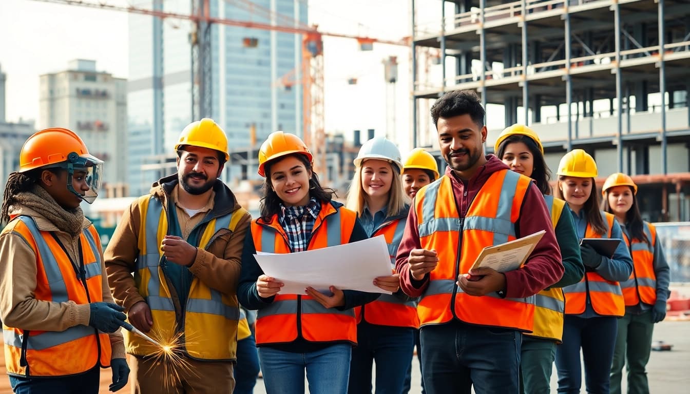Learn about construction training programs while participants engage in practical skills at a site.