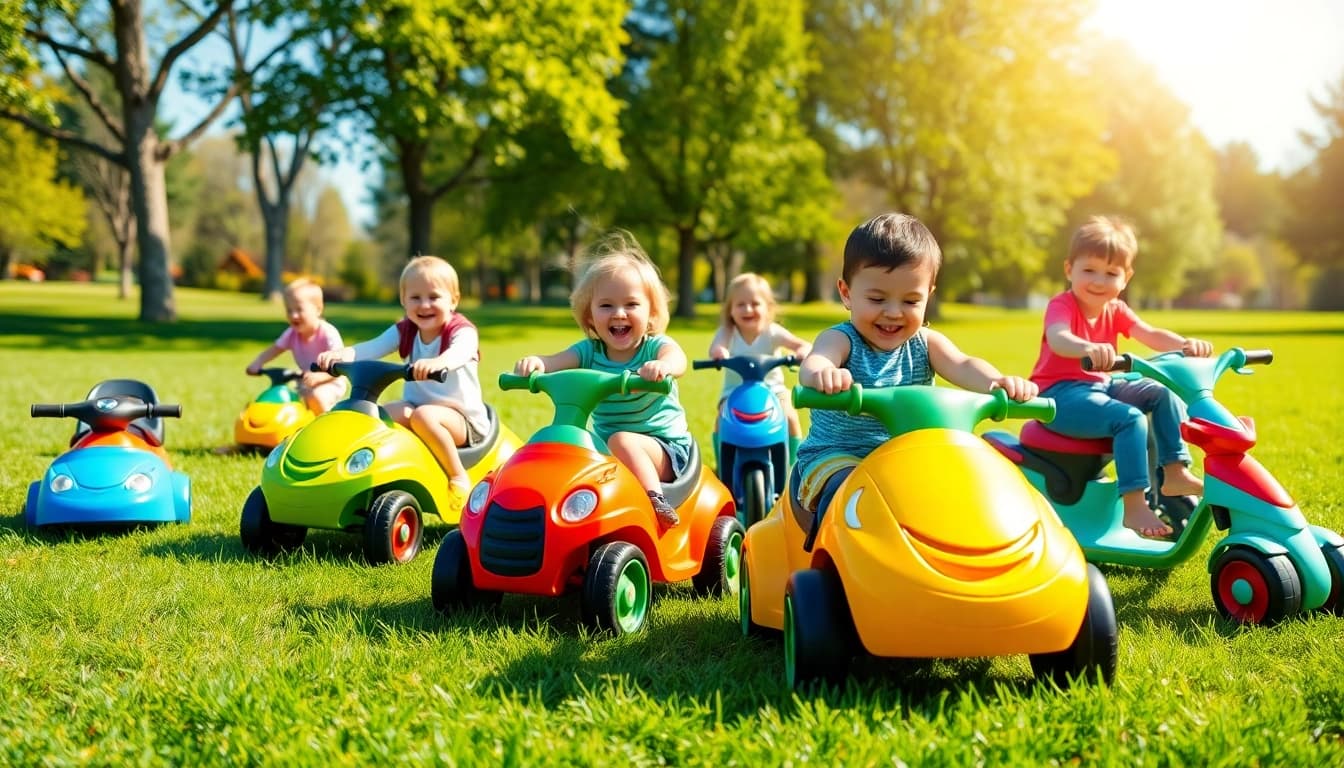 Children enjoying various ride on toys in a sunlit park, fostering joyful outdoor play.