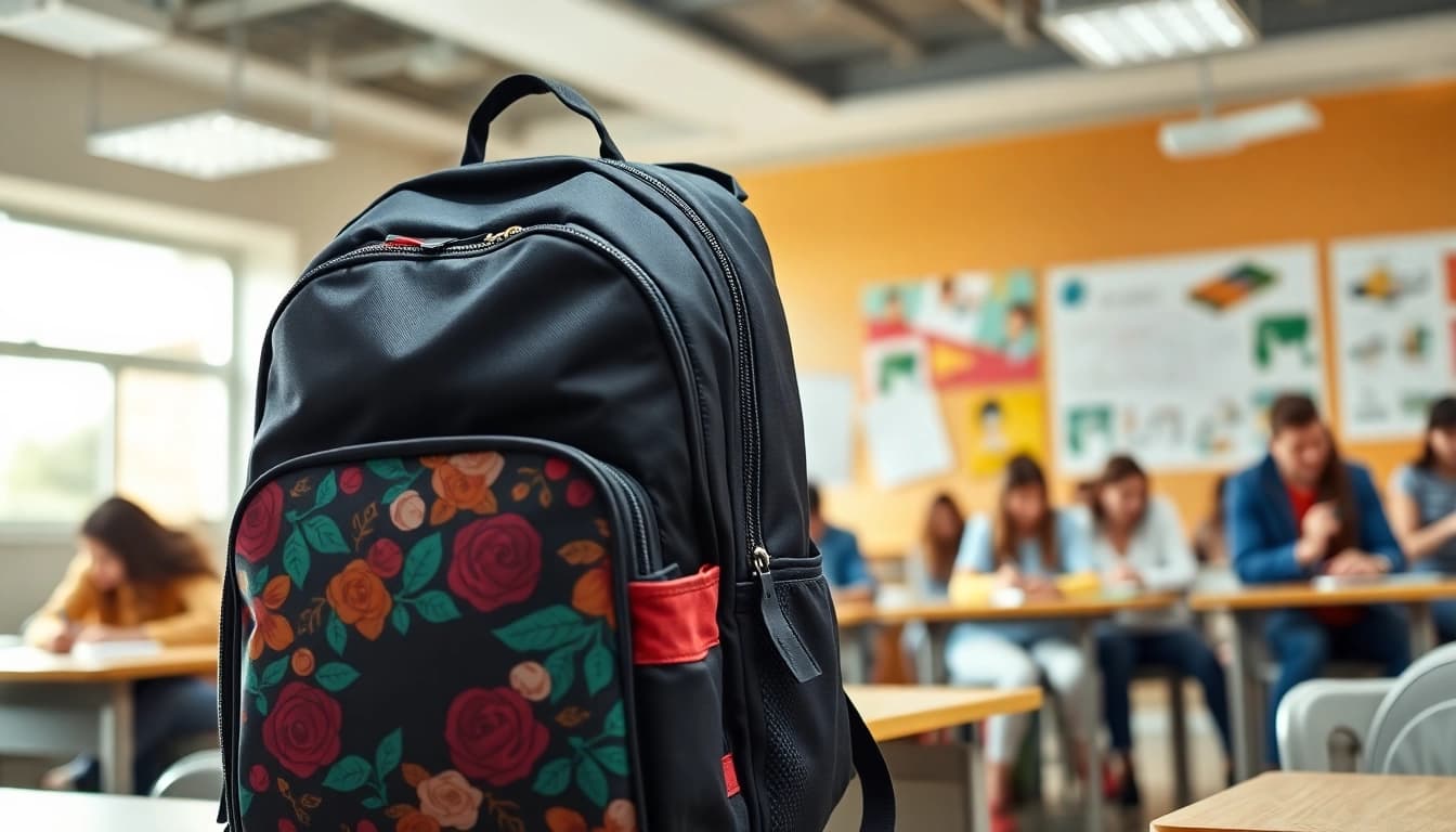 Moderner Handytasche Schule in einem lebendigen Klassenzimmer mit Studenten, die lernen.