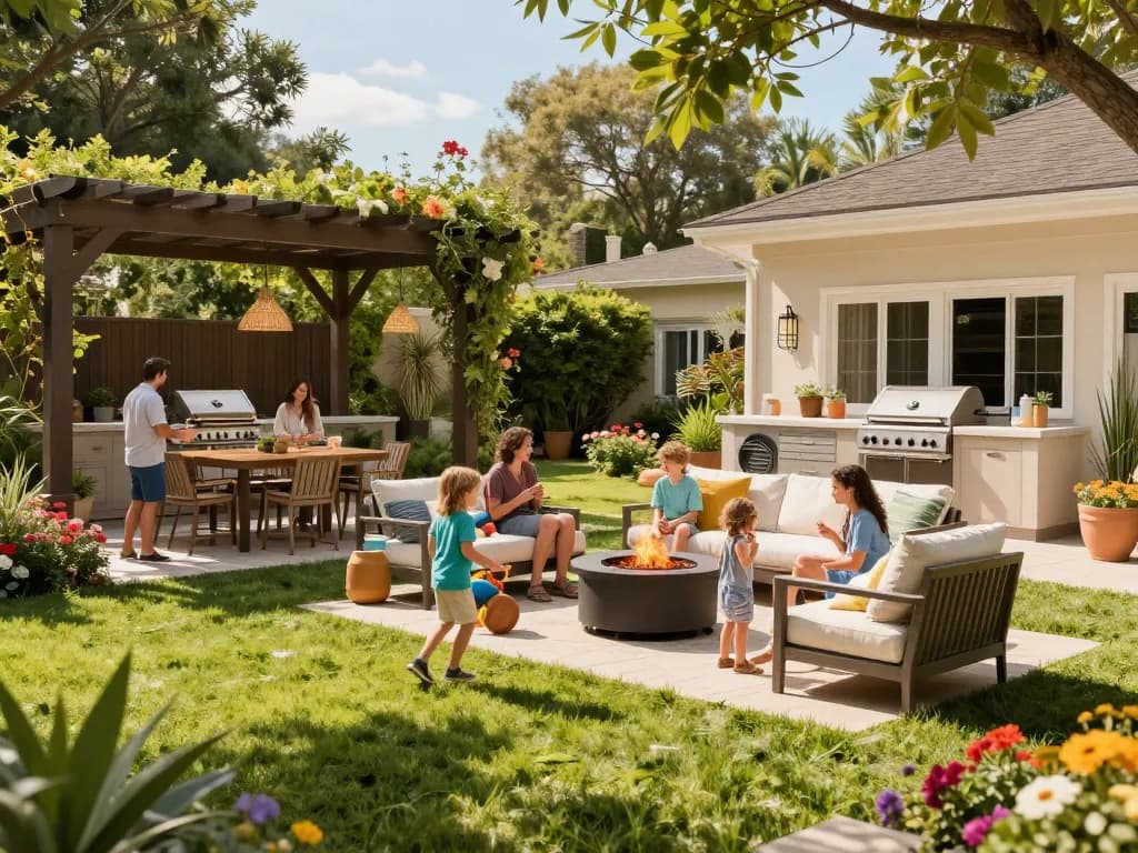 Outdoor living configurator in a vibrant family backyard setup, showcasing stylish furniture and outdoor kitchen.
