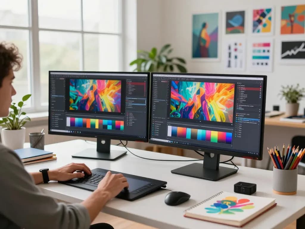 A creative professional using the nano banana AI image editor in a bright workspace filled with vibrant images and art supplies.