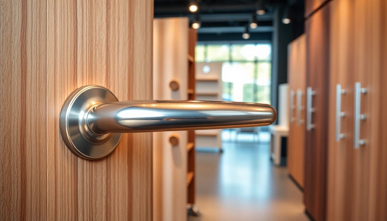 View of elegant door handles highlighting top Door Handle Suppliers in a sleek showroom environment.