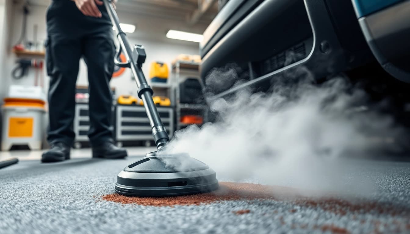 Engaging car carpet steam cleaning service showcasing a technician in action.
