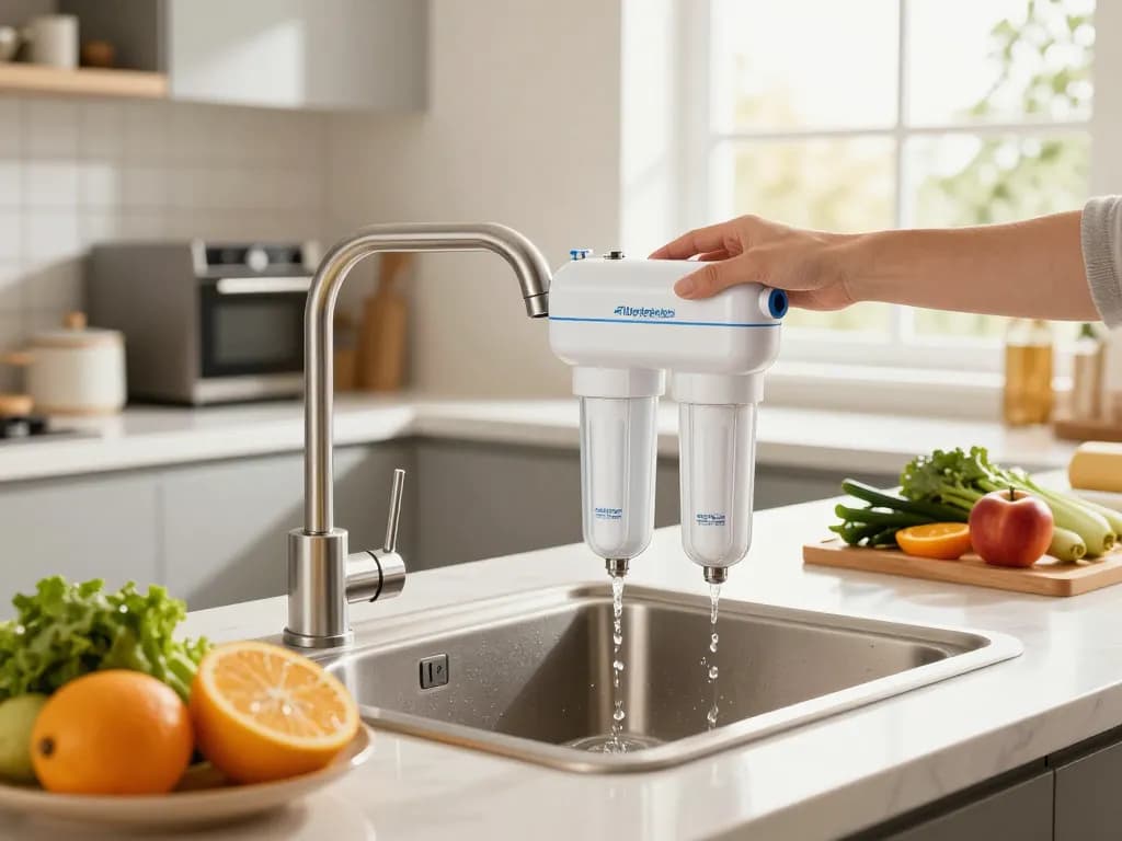 Filterlogic ADQ73613401 Refrigerator Water Filter installation in a bright kitchen, highlighting clean water.