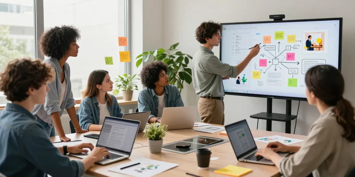 Team brainstorming on a mixboard for creative collaboration in a modern workspace.