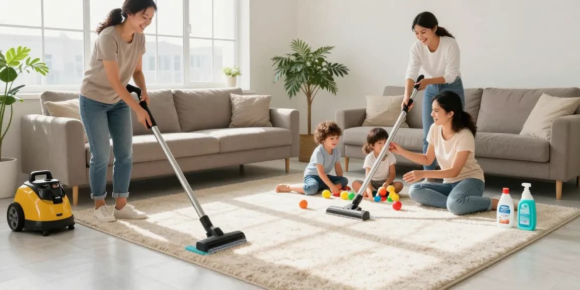 Carpet cleaning Buffalo NY - Happy family enjoying a freshly cleaned carpet in a bright living room.