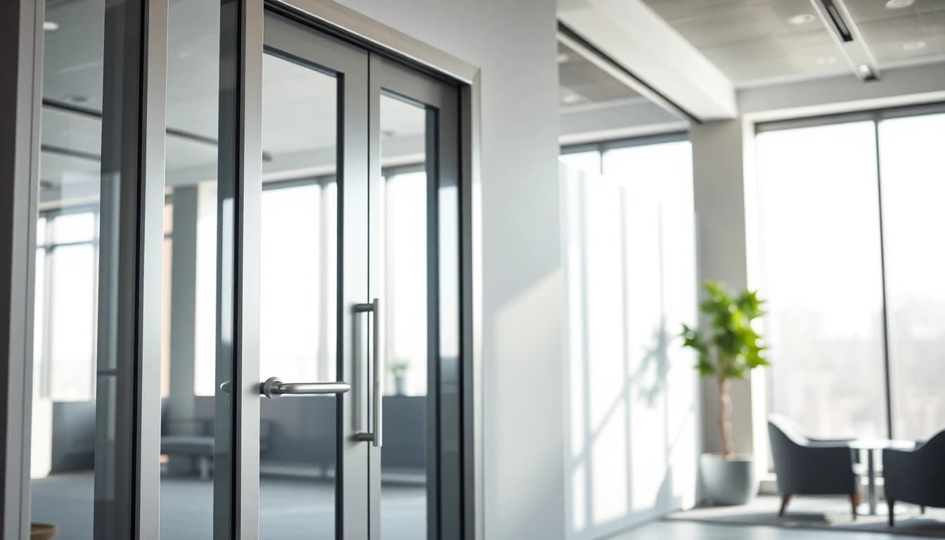 Stylish exit door showcased in a modern office environment highlighting safety and design.