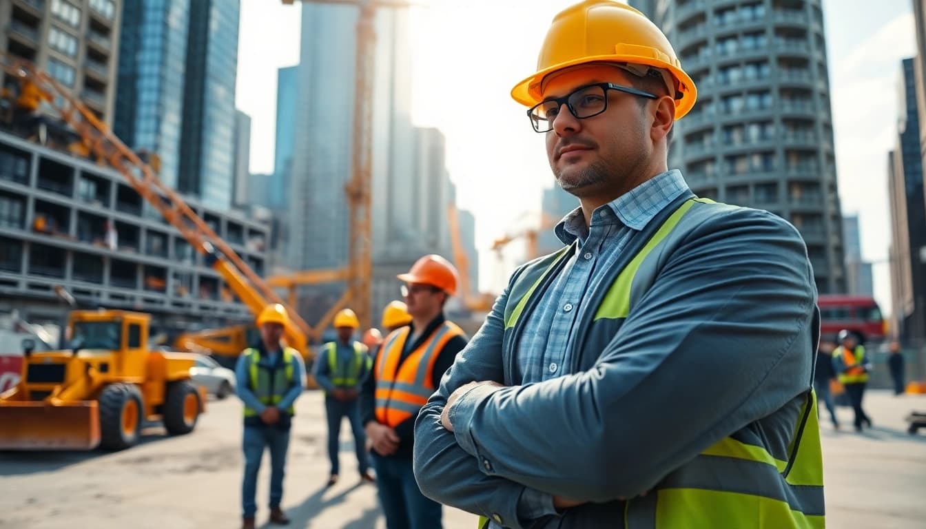 New York Construction Manager directing a project team on a vibrant construction site in the city.