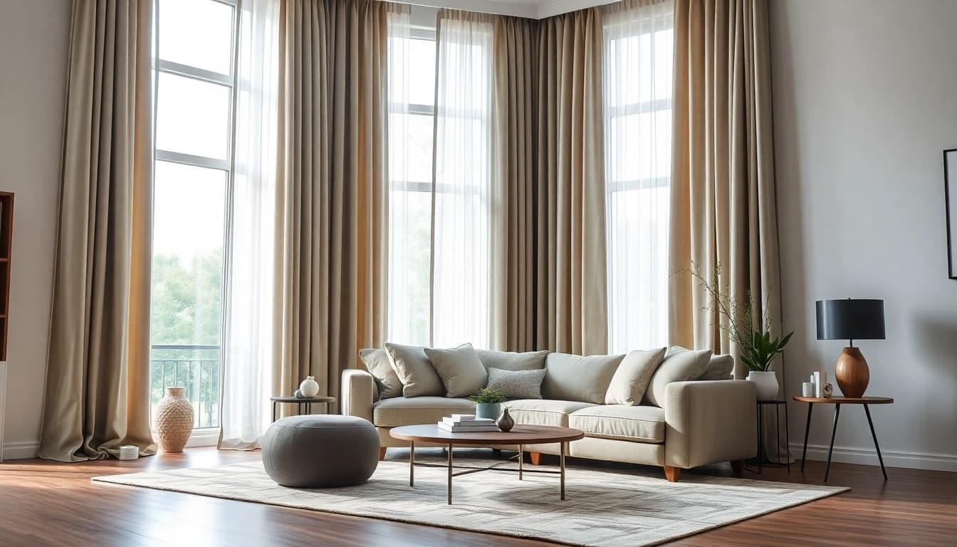 Verduisterende gordijnen in een moderne woonkamer die een stijlvolle sfeer creëren.