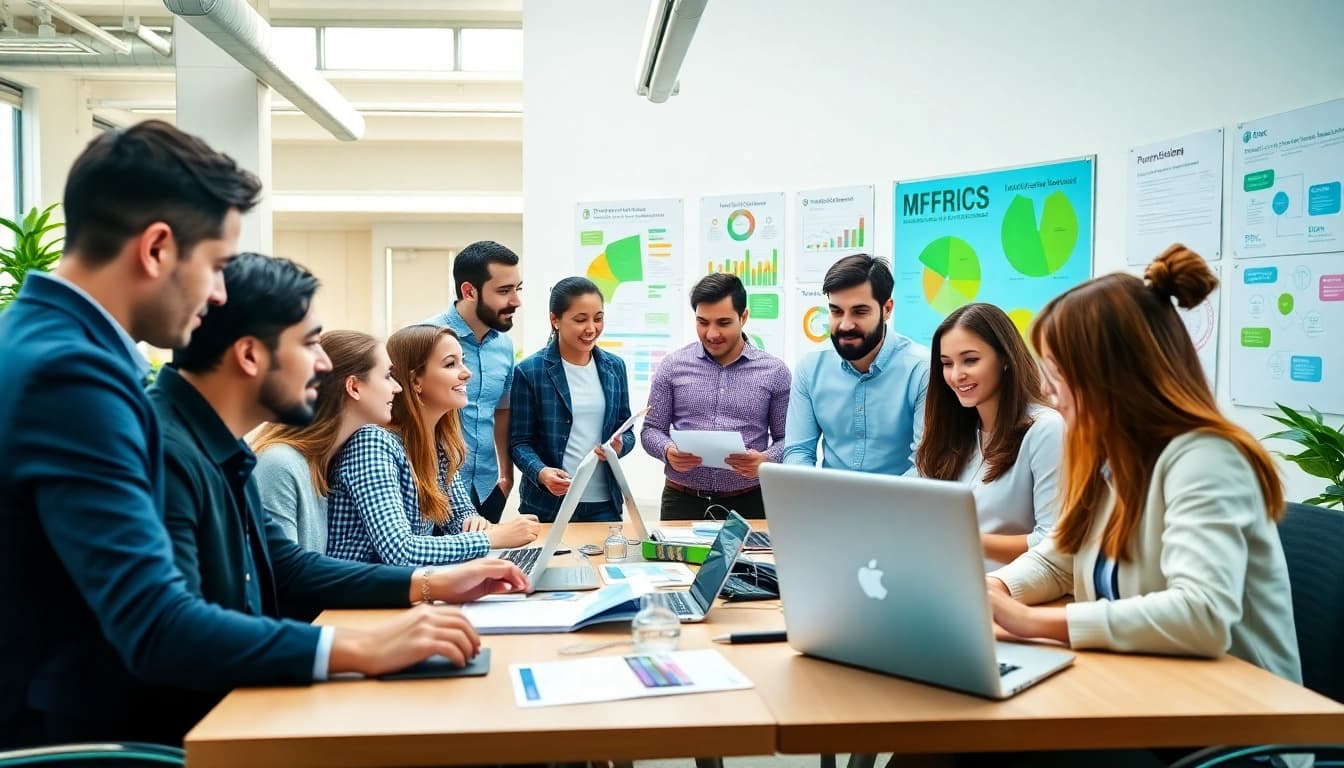 Engaged team strategizing as a digital marketing company in a vibrant office.