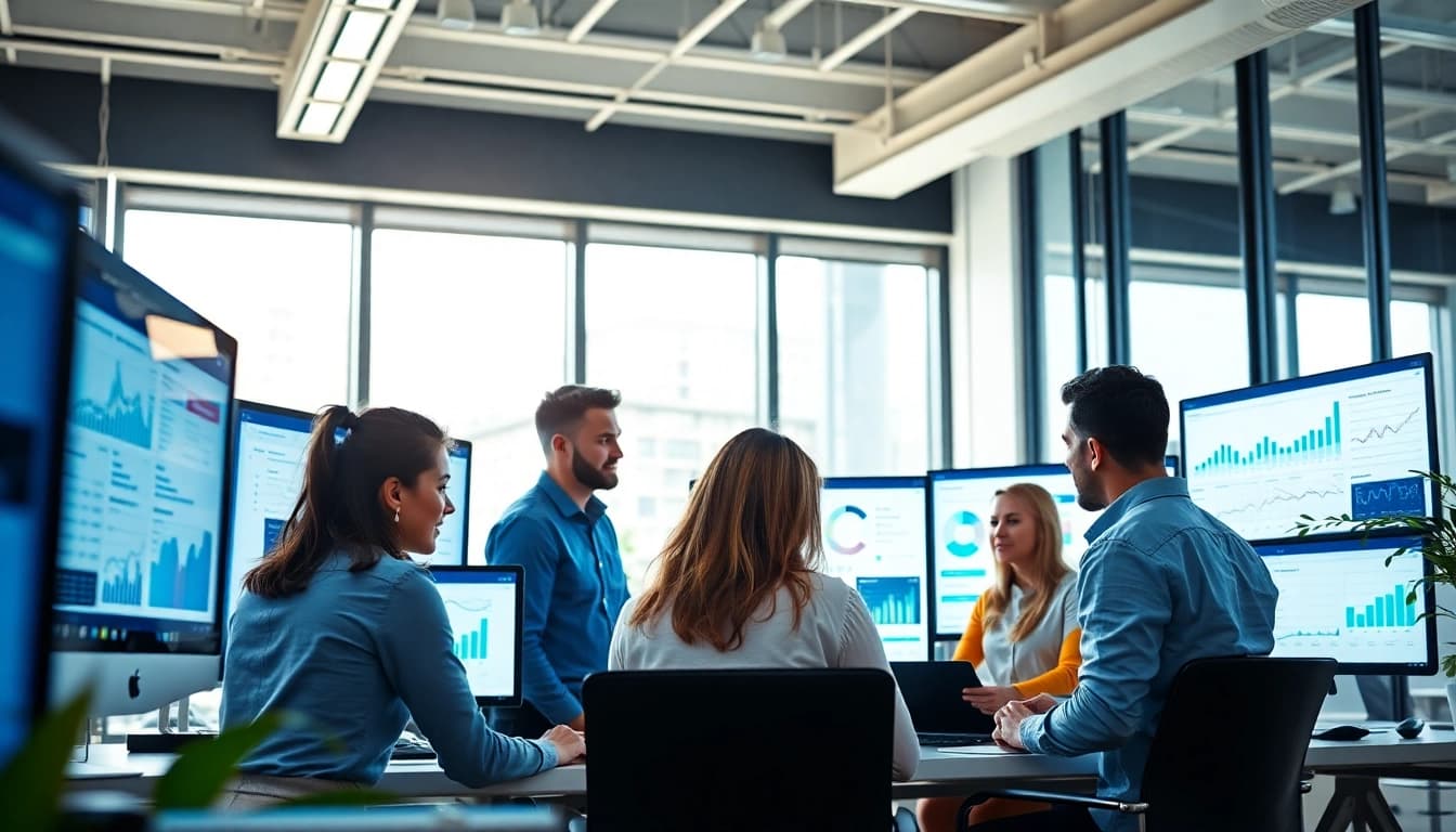 Collaborative team in a digital marketing company analyzing strategies in a bright office.