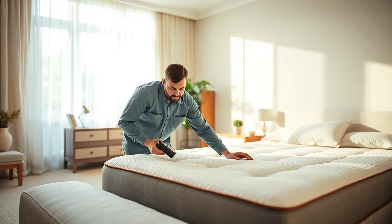 Efficient bed bug exterminator waukesha inspecting a mattress for pests in a serene environment.
