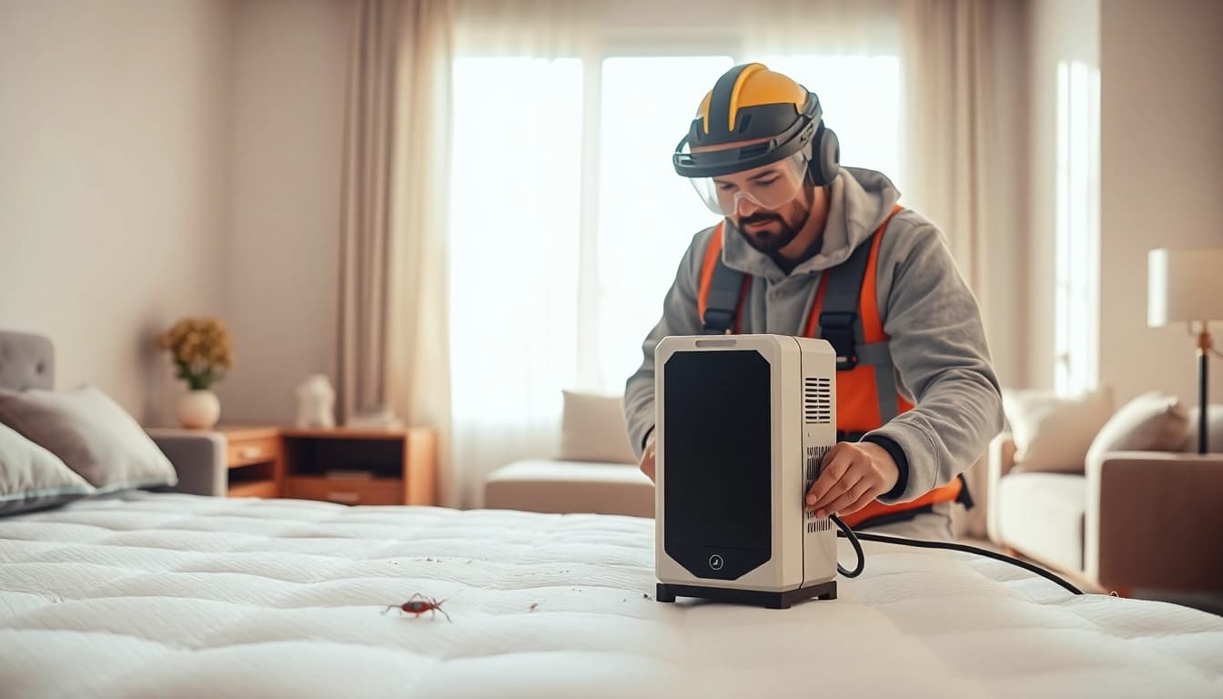 Bed bug exterminator milwaukee working professionally in a clean living room environment.