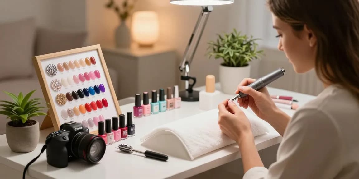 Femeie profesionistă utilizând freza unghii electrică într-un salon de unghii elegant, cu lacuri de unghii vibrante.