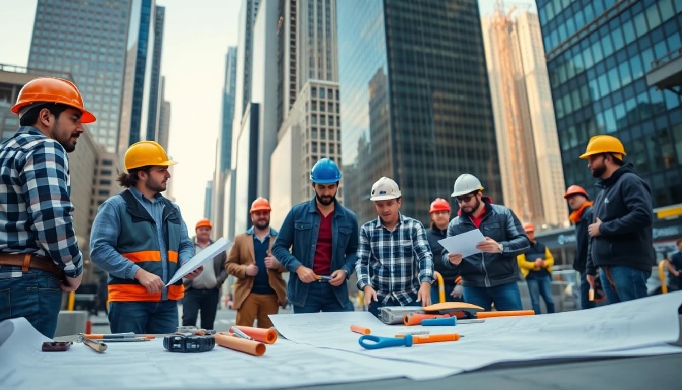 Construction site with a team of New York City Commercial General Contractor professionals collaborating.