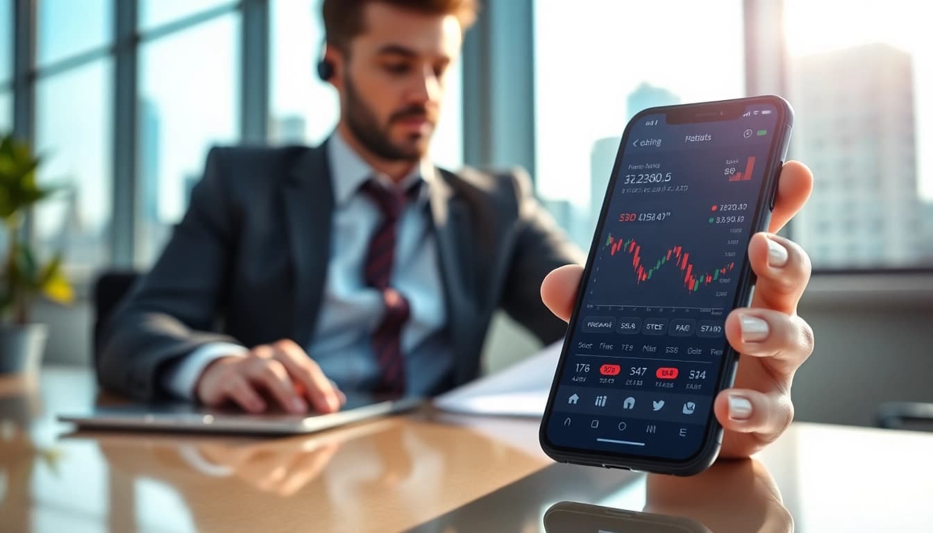 Trade stocks with ease using a mobile stock trading app In Saudi Arabia, showcasing modern technology.