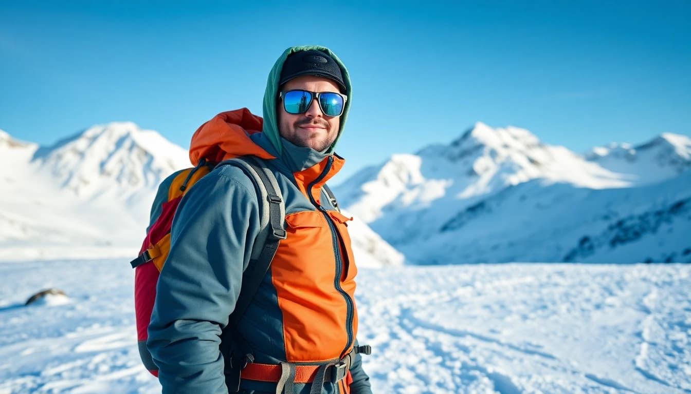 Adventurous hiker showcasing high-quality hiking gear for winter in snowy mountain landscape.
