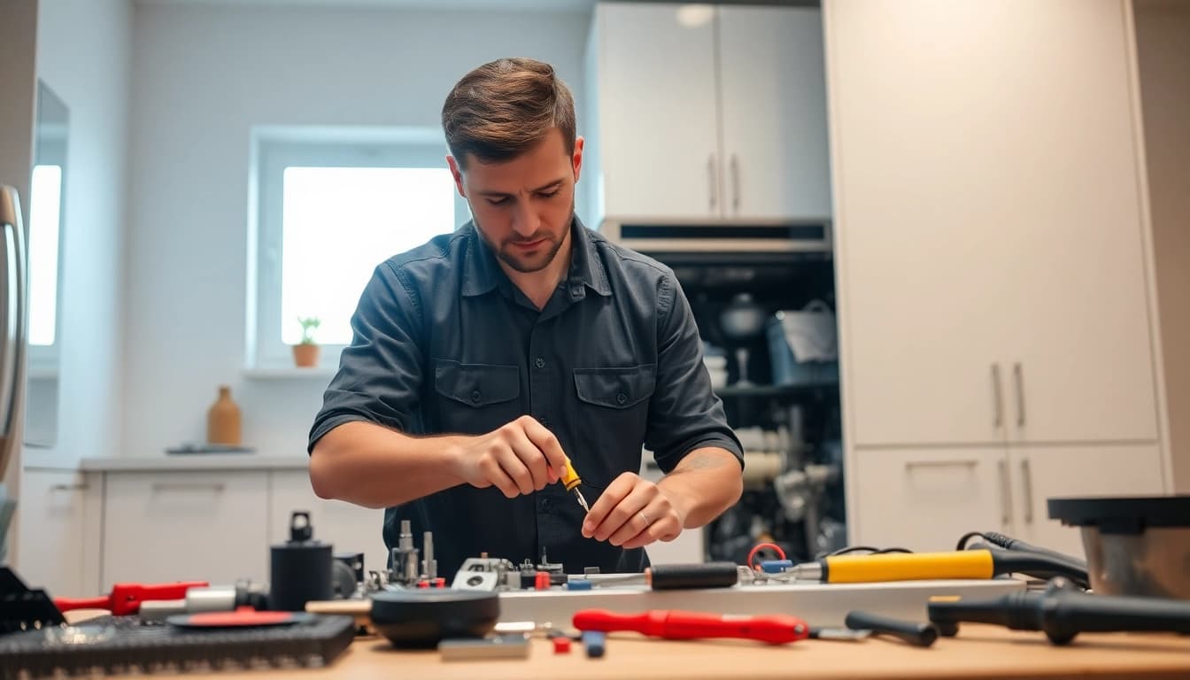 Technician performing BOSCH dishwasher repair in a bright kitchen.