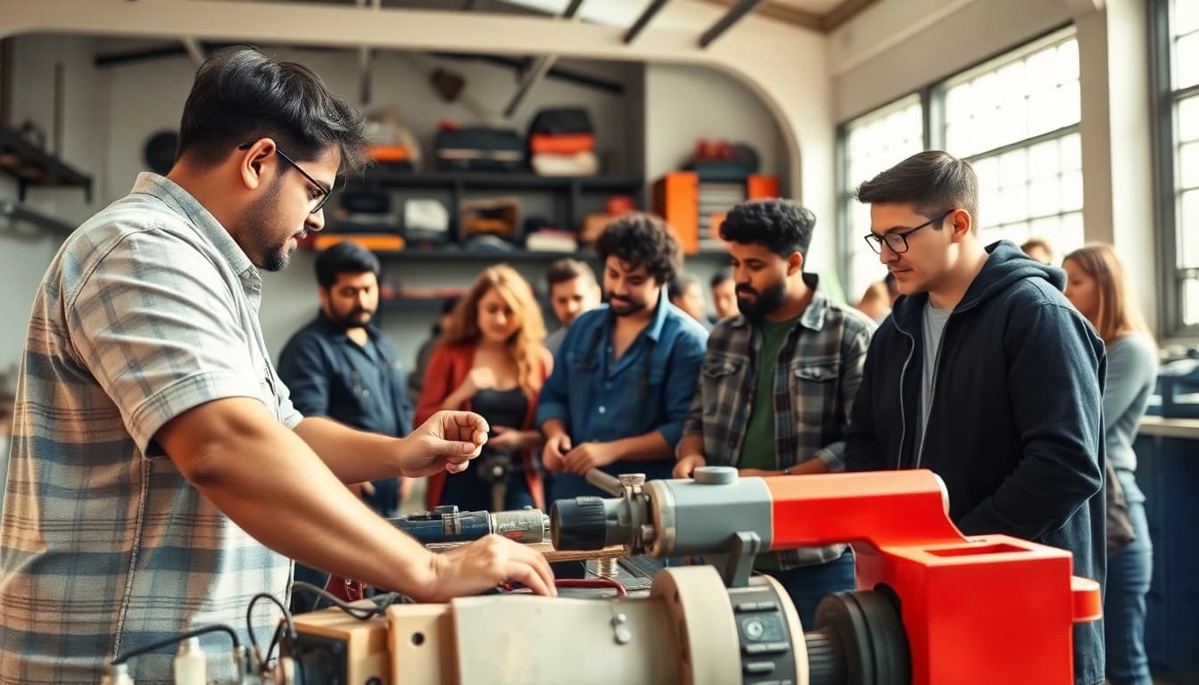 Students in skilled trades training interactively learning in a vibrant workshop environment.