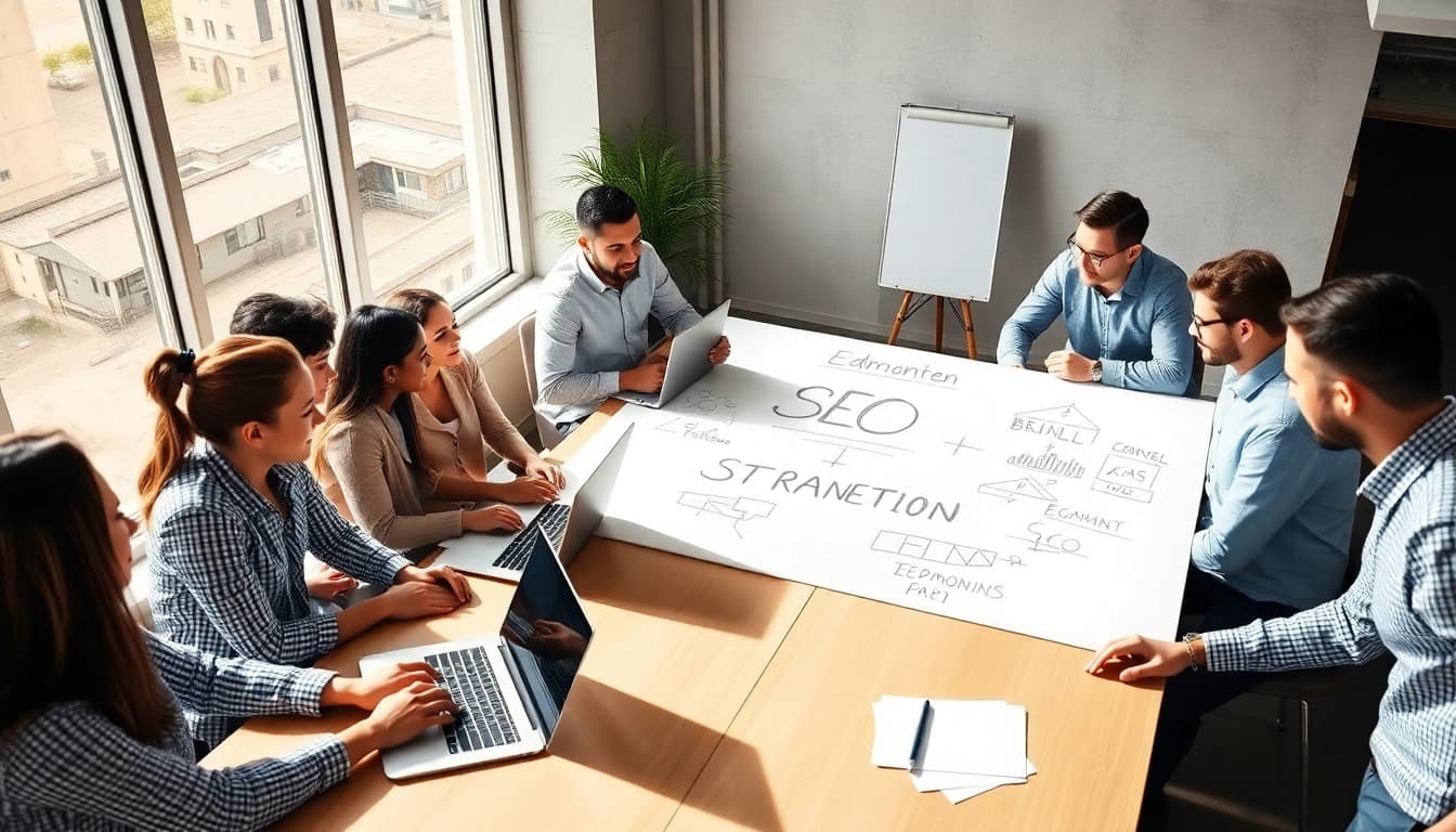 Elevate your Edmonton SEO strategies with a dynamic professional team collaborating.