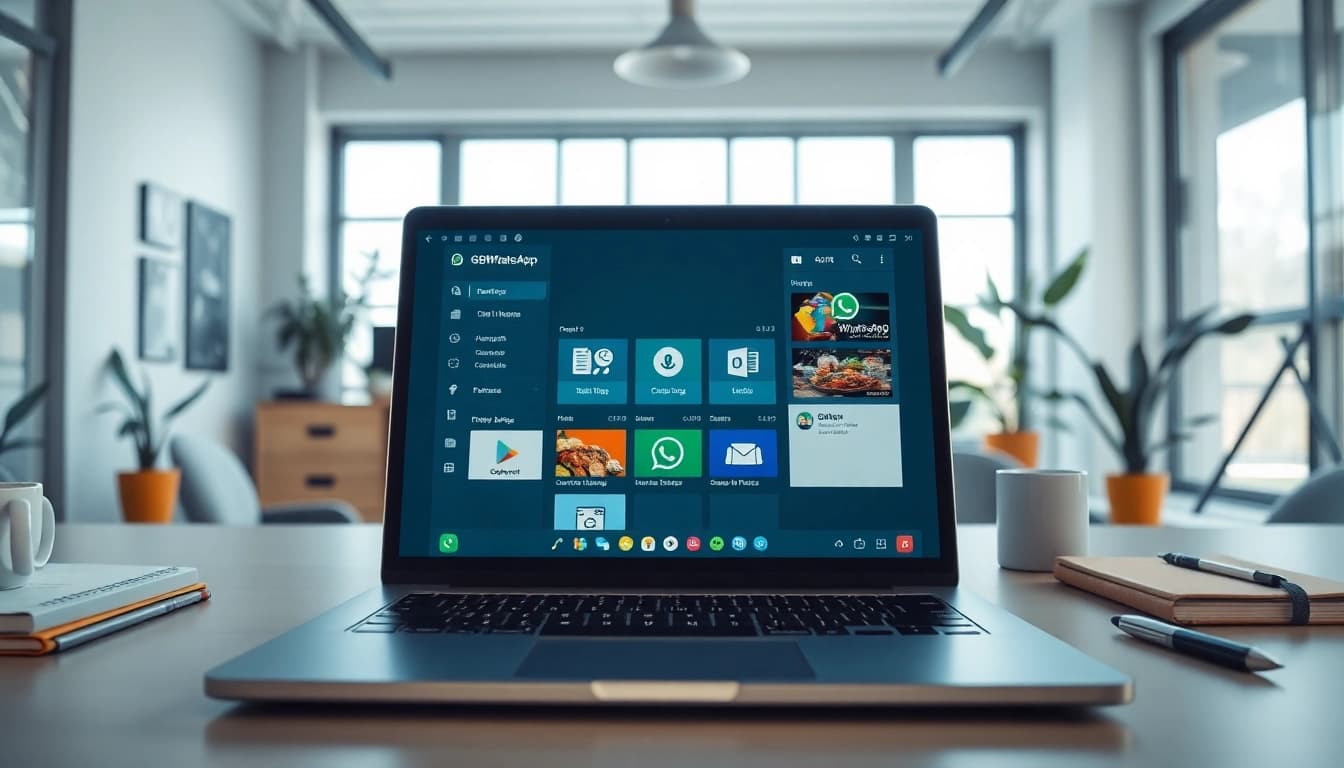 Showcasing GBWhatsApp interface on a modern laptop in a vibrant workspace