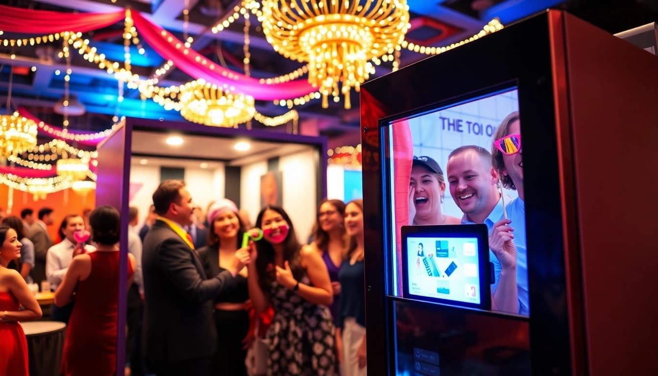Guests enjoying a lively photo booth chicago experience at a festive event with colorful props.