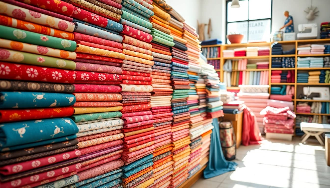 Katoen stoffen assortiment met kleurrijke patronen in een goed georganiseerde stoffenwinkel.