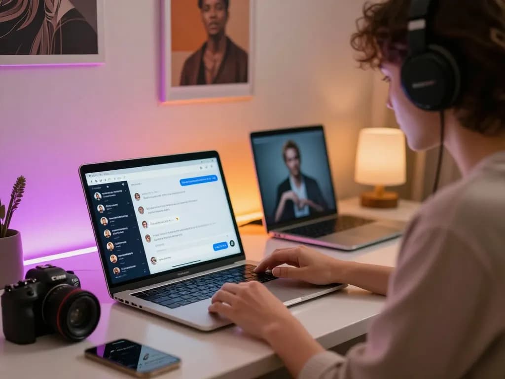 Person engaging in nsfw ai chat with a stylish laptop and colorful LED lights.