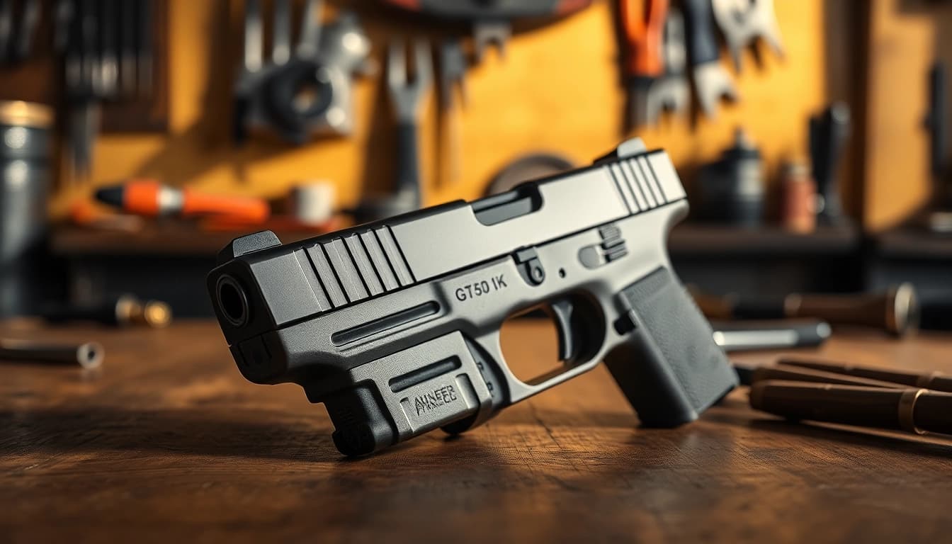 Showcasing glock 19 gen 5 slide with meticulous craftsmanship against a warm workshop backdrop.