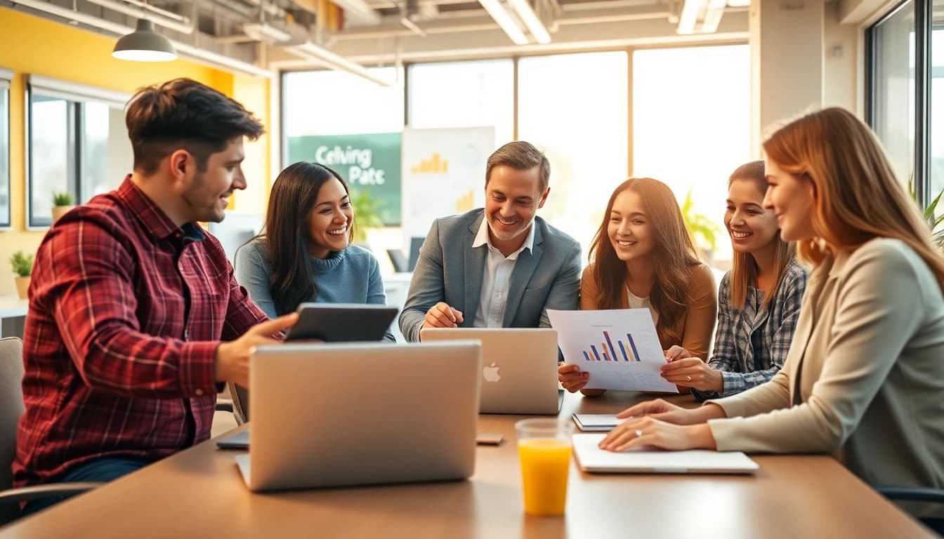 Enhancing social media marketing edmonton strategies through teamwork in a bright office environment.