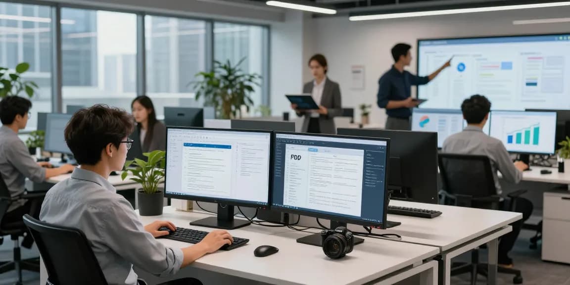 Professionals detect fraud in PDF documents using advanced AI technology in a modern office.