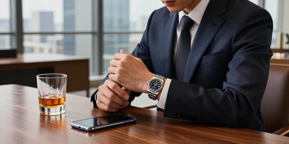 Man showcasing a luxurious rolex replica watch while enjoying whiskey in a modern high-rise.