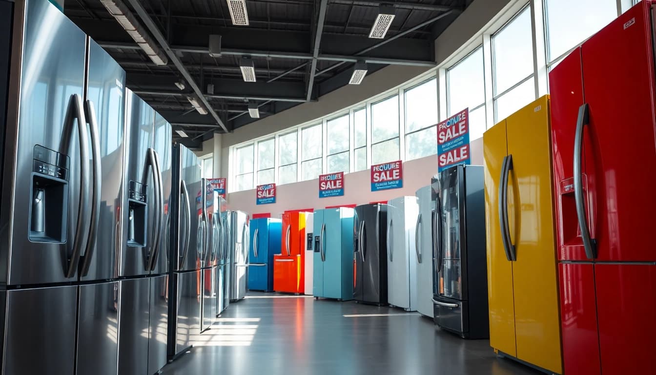 Explore refrigerator sales with a variety of modern fridges in a bright showroom setting.