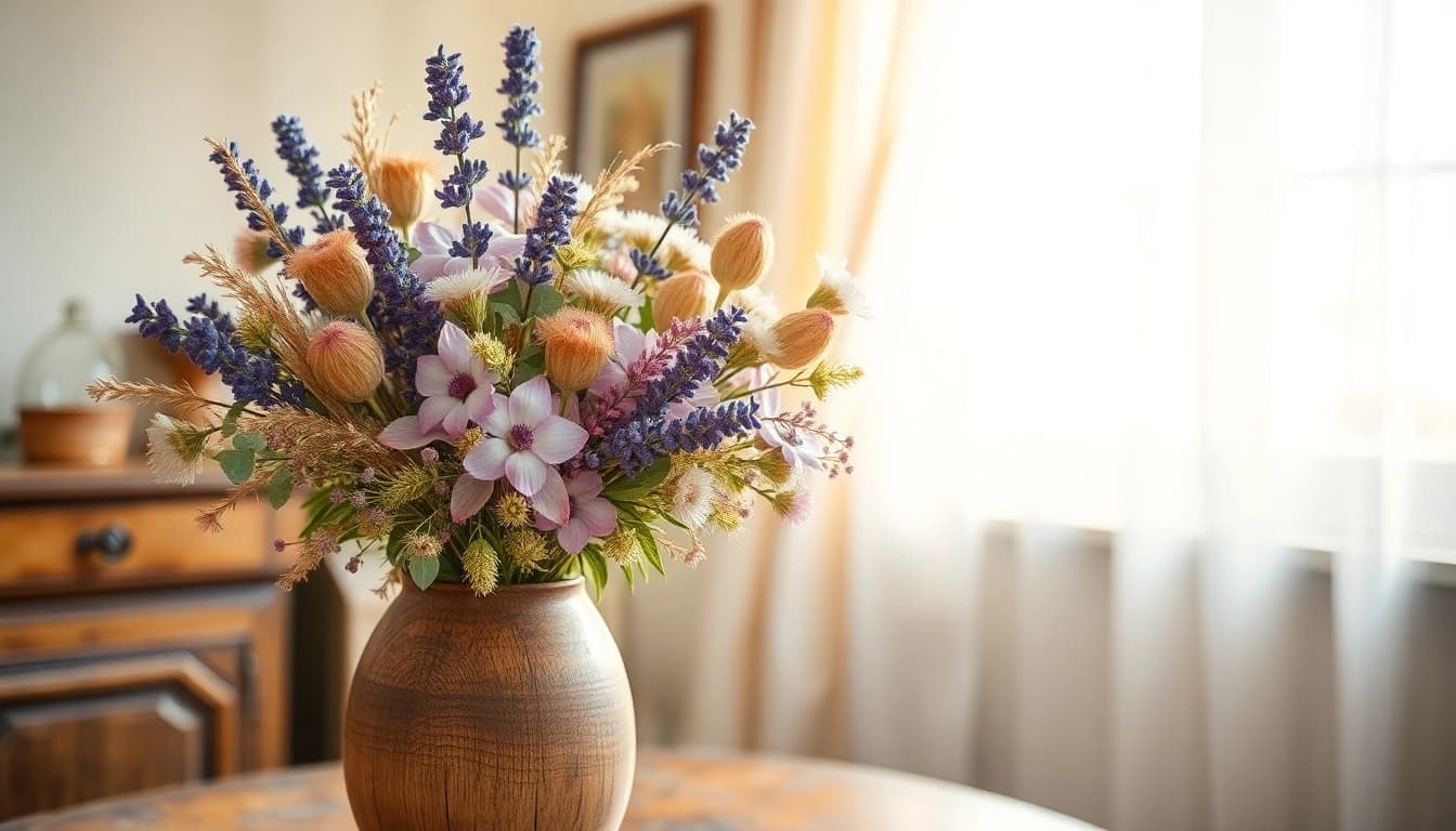 Dried blooms beautifully arranged in a rustic vase, showcasing warmth and natural elegance.