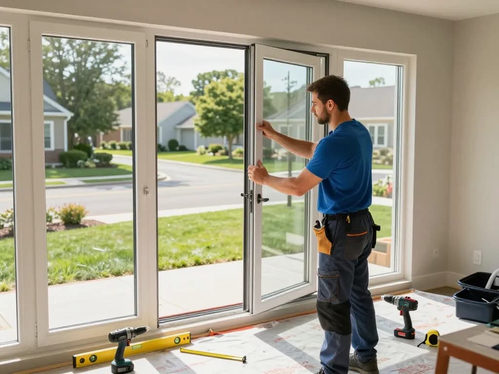 Technician installing energy-efficient windows reflecting expert window replacement services NH, showcasing quality and craftsmanship in a residential setting.