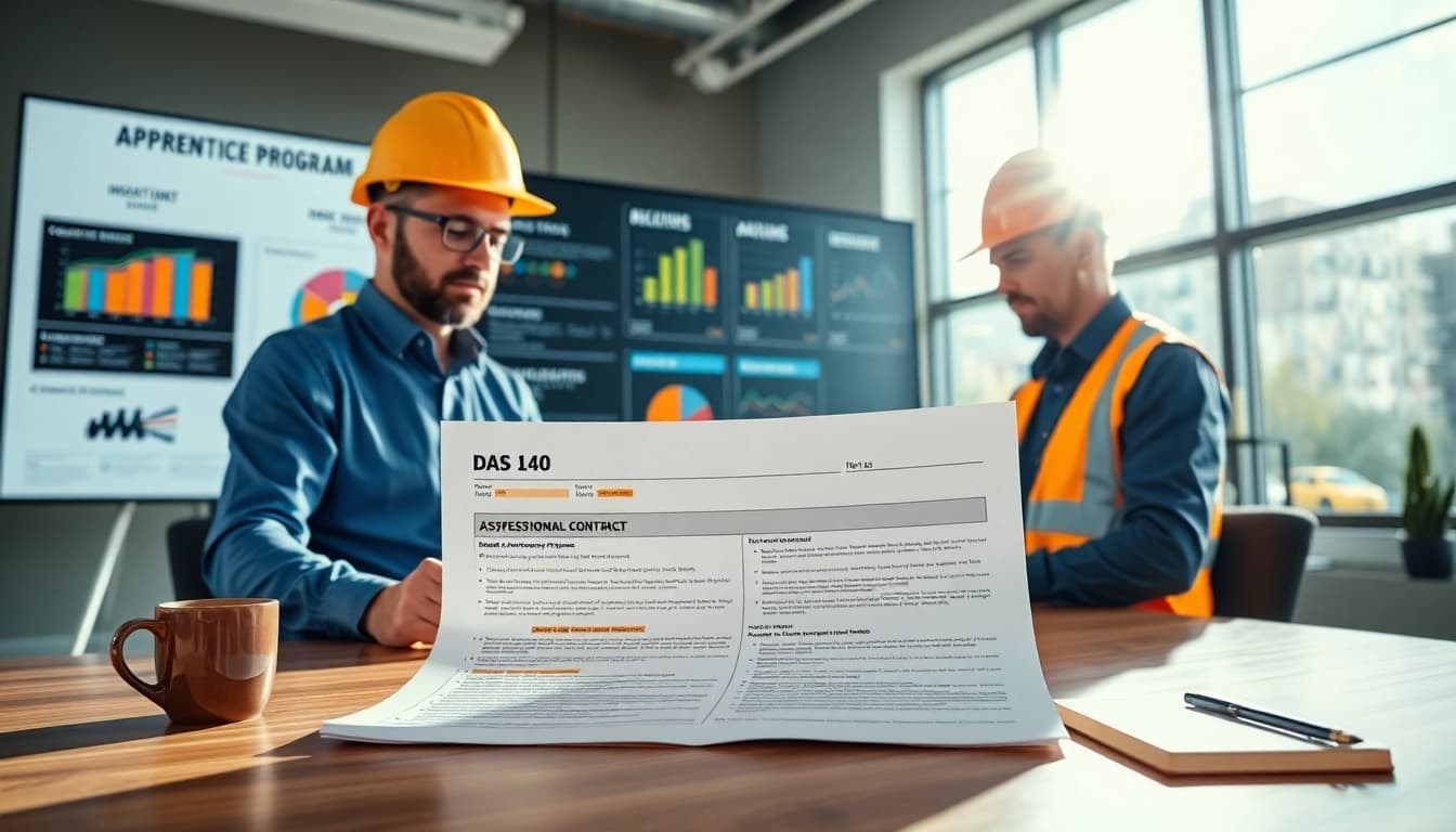 Contractors discussing DAS 140 form adjustments in a bright office setting, symbolizing professionalism.