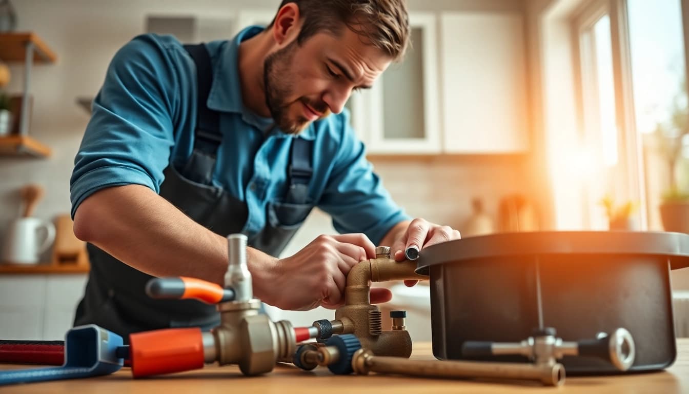 Find a skilled plumber near me fixing a leak in a modern kitchen.