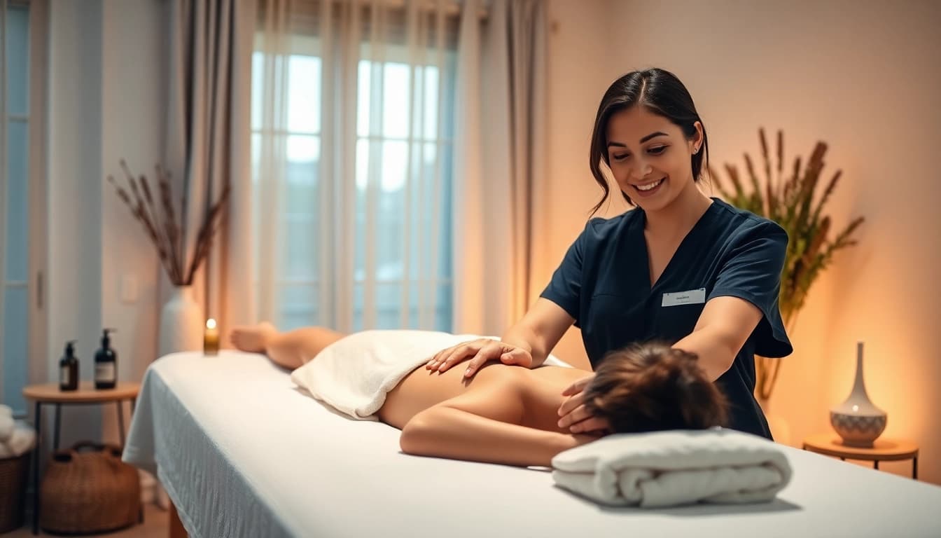 Relaxed client receiving 출장 massage service from a professional therapist in a serene setting.
