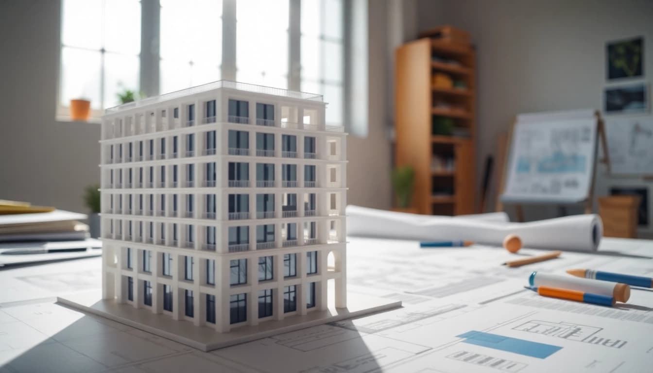 Architekturmodellbau Wuppertal zeigt ein detailreiches architektonisches Modell in einem kreativen Studio.
