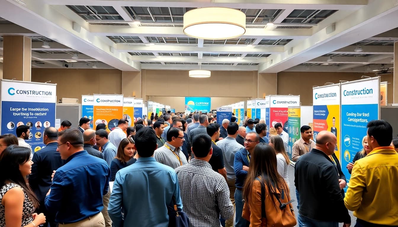 Engaging construction networking events with professionals interacting in a vibrant conference setting.