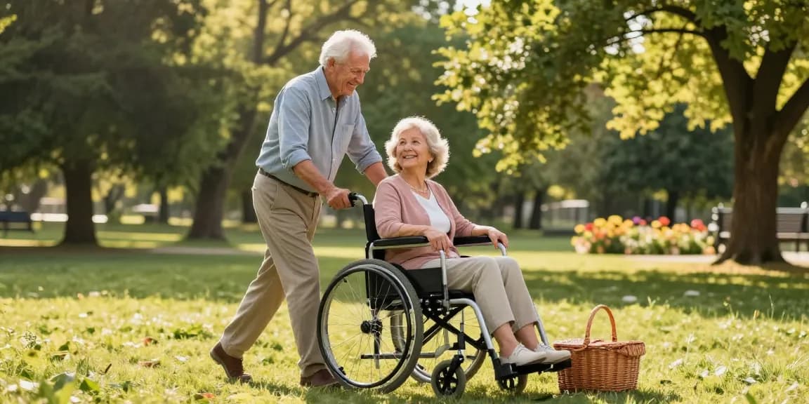 Happy elderly couple enjoying the outdoors with an 超輕輪椅, symbolizing mobility and freedom.