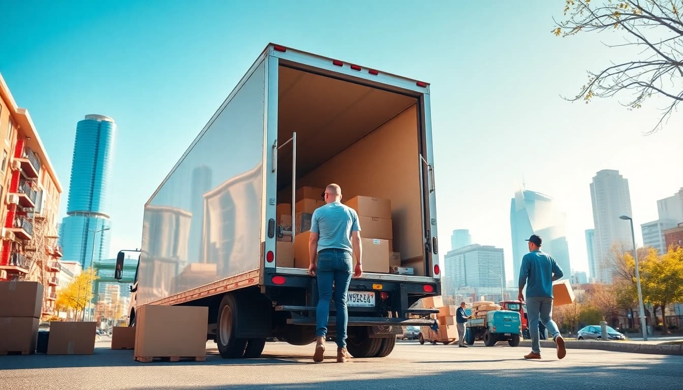 Toronto movers expertly packing furniture into a moving truck against a vibrant city skyline.