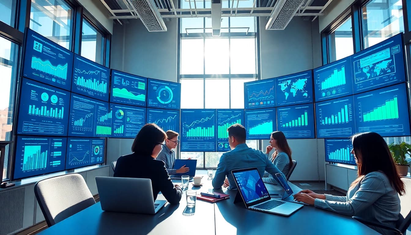 Collaborative AI for competitive intelligence analysis with data visualizations in a modern office environment.